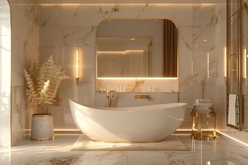 Luxurious bathroom with a freestanding bathtub, marble walls, wooden vanity, and elegant lighting fixtures