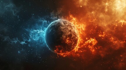 Naklejka premium Earth surrounded by blue ice and red fire cosmic elements in a simulated galaxy