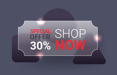 Special offer glass morphism voucher on dark background. Shop now vector panel