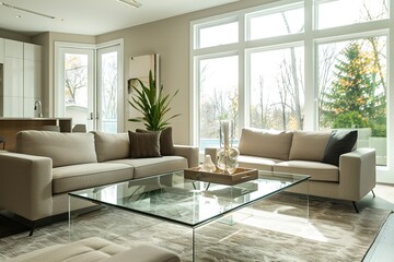 Modern living room with a beige sectional sofa, glass coffee table, and large windows letting in natural light