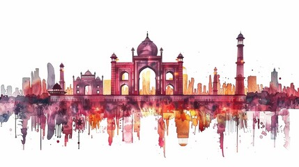 Vibrant Watercolor Illustration of Indian Independence Day Celebrations with Iconic Taj Mahal and Modern Cityscape