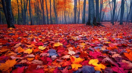 A high-resolution image of a colorful autumn forest with vibrant foliage and fallen leaves.