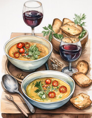 Watercolor illustration of a cozy meal with soup and wine