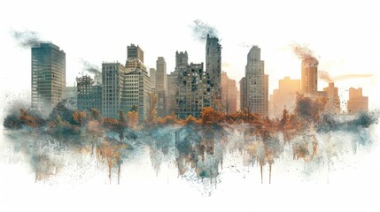 Obraz premium Post-apocalyptic urban landscape with crumbling buildings and fading city life at sunset