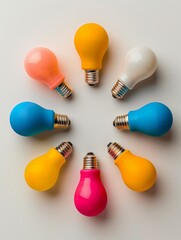 Colorful Light Bulbs Arranged in a Circle on a White Background - Creative and Vibrant Concept Image