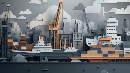 Obraz premium Intricate paper art of a bustling seaport with cranes, ships, and industrial buildings against a cloudy sky. Modern maritime industry concept.
