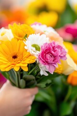Hand holding a vibrant bouquet of gerbera daisies and peonies at a flower market