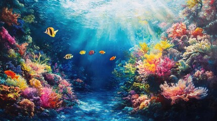 A mesmerizing underwater scene with vibrant coral reefs and exotic fish, ideal for ocean lovers.