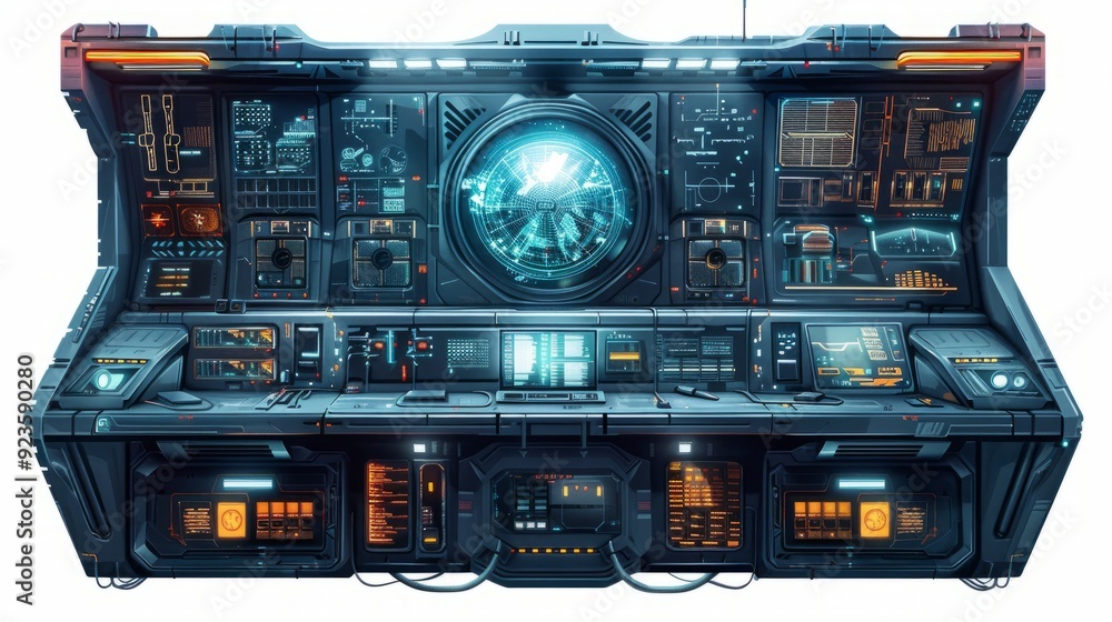 Poster futuristic control panel with holographic display and advanced technology features
