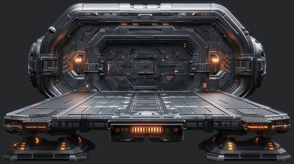 Futuristic metallic docking bay interior with illuminated panels and control features