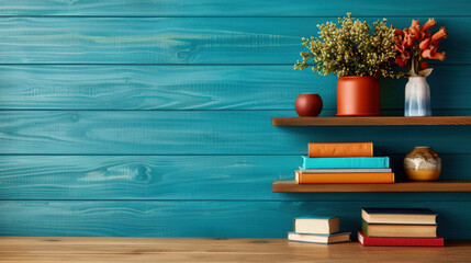 Decorative shelves with neatly arranged books and potted plants against a blue wooden wall, showcasing cozy and inviting interior decor.