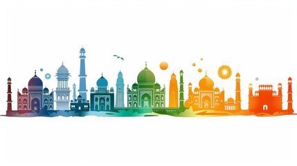 Vibrant Illustration Celebrating India's Independence Day with Iconic Landmarks in Rainbow Colors