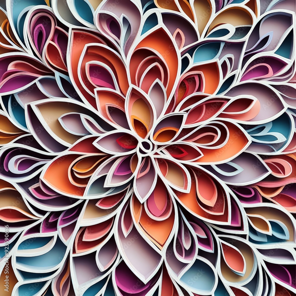 Poster intricate paper art with vibrant floral abstract design featuring colorful layers of petals in vario