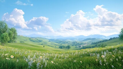 A peaceful rural landscape with rolling hills and a clear blue sky, perfect for a calming screen saver.