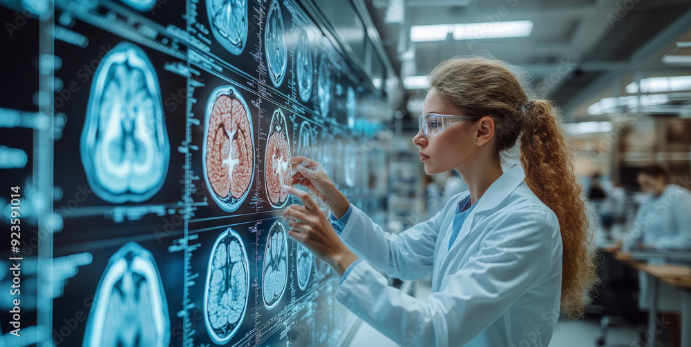 Poster A research scientist examines brain scans displayed on digital screens in a contemporary lab setting.