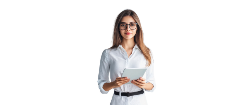 A young businesswoman stands with a tablet, focused and ready for a presentation in a professional environment