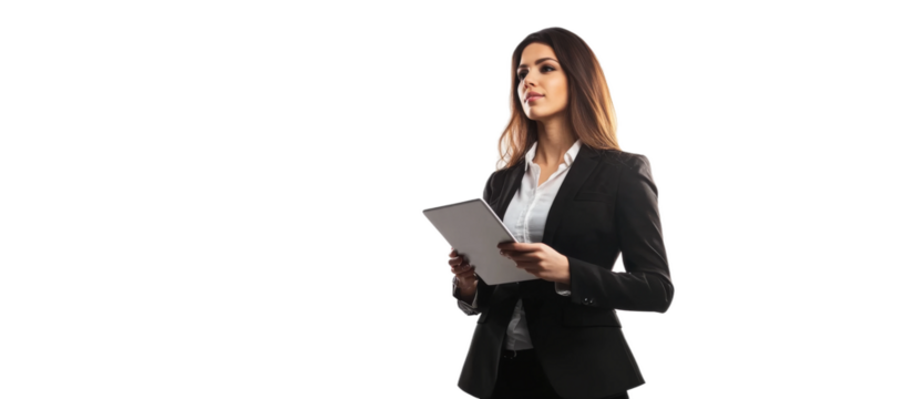 A young businesswoman in a suit stands upright, holding a tablet with a determined expression, ready to take on challenges in her career