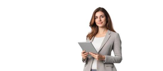 A young businesswoman stands with a tablet, showcasing her confidence and readiness for business challenges in a professional environment