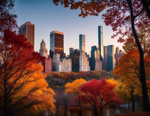 Stunning View of Central Park Skyline Framed by Colorful Autumn Leaves

