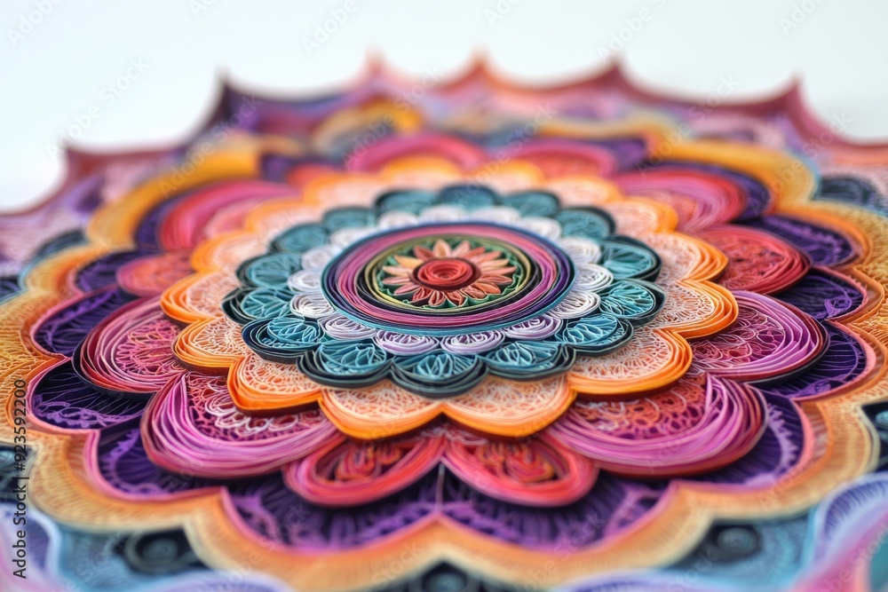 Poster intricate paper quilling design featuring vibrant colors and intricate patterns, showcasing artistic