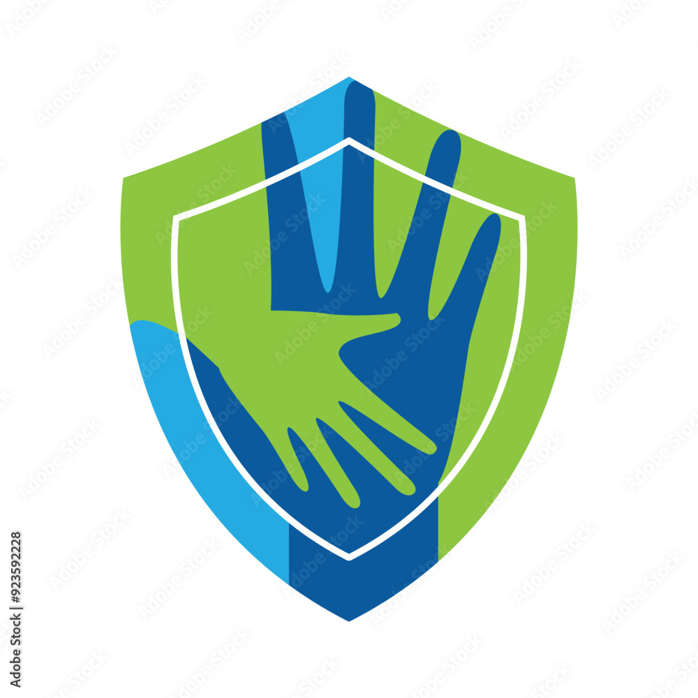 Poster this is a simple flat logo of a hand trying to reach another hand to help inside a shield shape