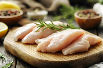 Raw chicken meat cutting on a wooden board commercial advertising photo
