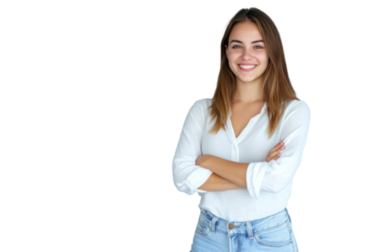 A cheerful woman stands with her arms crossed, wearing a white shirt and jeans, displaying a warm smile in a well-lit environment