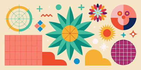 Geometric abstract flower shape set, star figure vector icon kit, funky retro brutal minimal art. Simple Memphis y2k elements collection, floral grid flat bauhaus template. Abstract flower forms