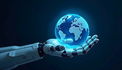 Fototapeta premium Futuristic Robotic Hand Holding Glowing Blue Holographic Earth Globe