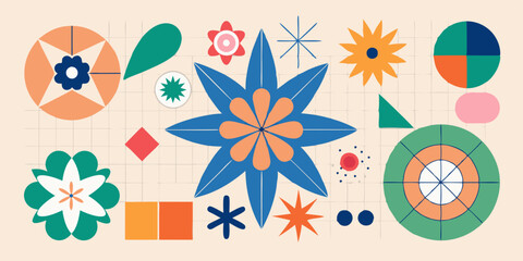 Geometric abstract flower shape set, star figure vector icon kit, funky retro brutal minimal art. Simple Memphis y2k elements collection, floral grid flat bauhaus template. Abstract flower forms