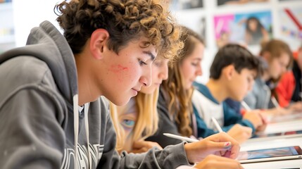 Students in a lab work together on a science experiment, wearing goggles and lab coats.