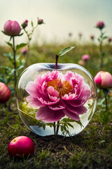 A double exposure that combines a peony and a glass apple. The peony is located inside a translucent glass apple figure
