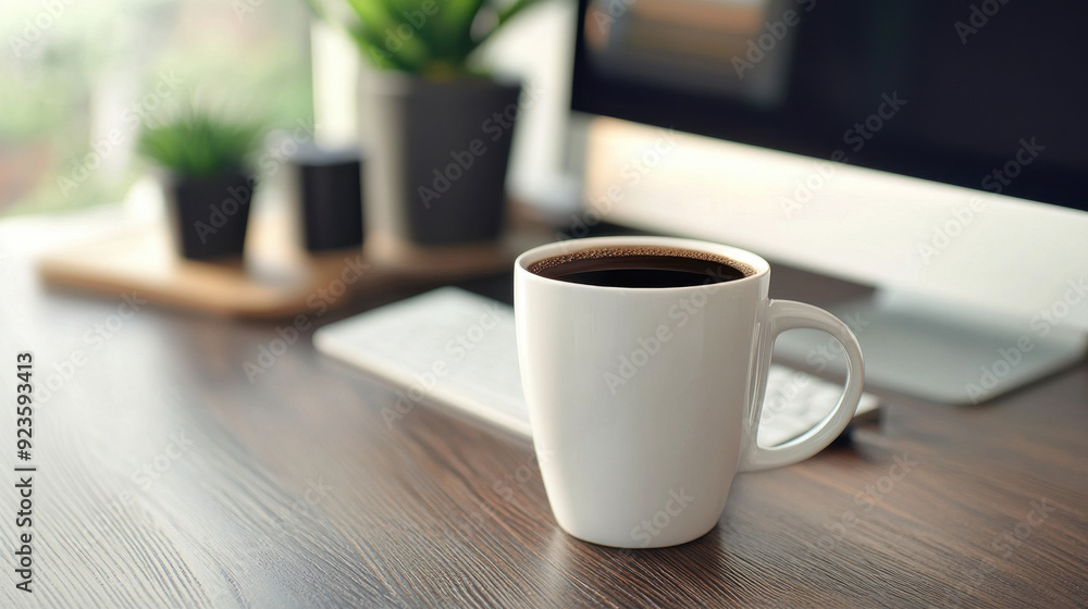 Poster a clean and simple desk setup with a coffee cup, representing a calm and focused work environment.