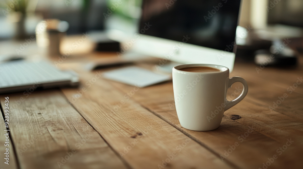Poster a clean and simple desk setup with a coffee cup, representing a calm and focused work environment.