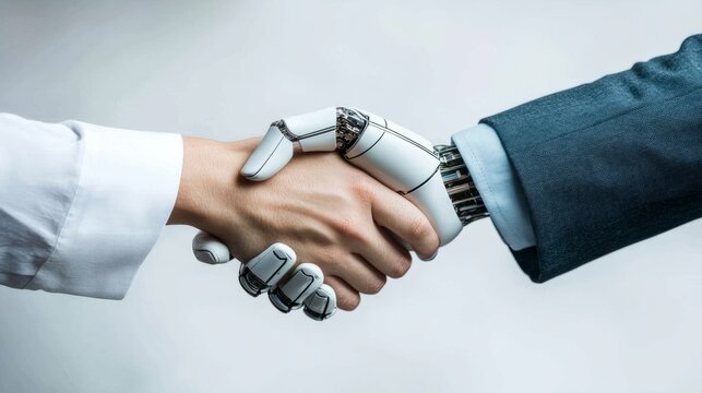Human and AI: A symbolic handshake between a human and a robotic hand, representing the collaboration and integration of artificial intelligence in the modern world.  