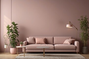 Minimalist Living Room with Pink Sofa and Plants