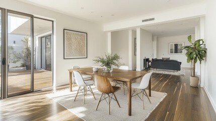Fototapeta premium A clean and simple dining room with minimalistic furniture and decor, reflecting a modern lifestyle.