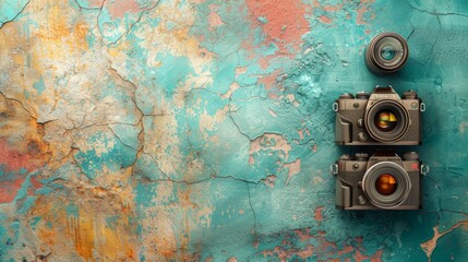 Vintage Cameras on Artistic Pastel Background Celebrating World Photography Day