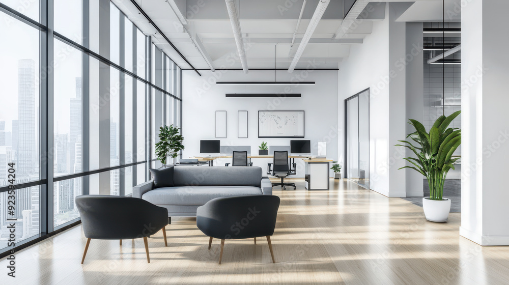 Poster a clean and tidy office space with minimalist decor, emphasizing a productive and simple work enviro