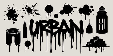 Spray graffiti element set, can splatter brush drip freehand kit, vector urban street black grunge. Cool hand writing stain splash, dirty messy airy ink stroke and circles. Spray graffiti dark splash 