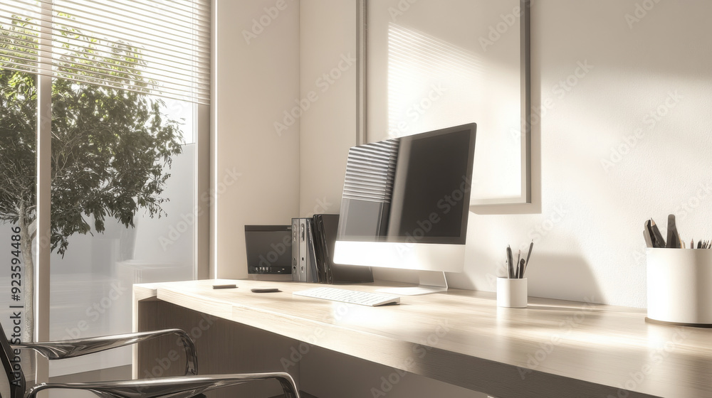 Poster a clean and tidy workspace with a sleek design and minimalist decor, emphasizing simplicity and prod