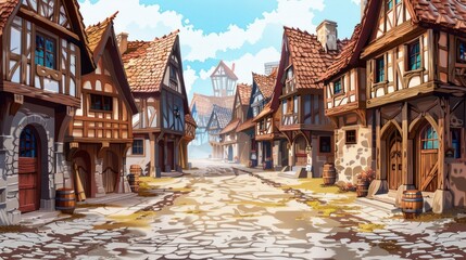 Obraz premium Charming medieval village street with rustic houses and cobblestone pathway on a sunny day
