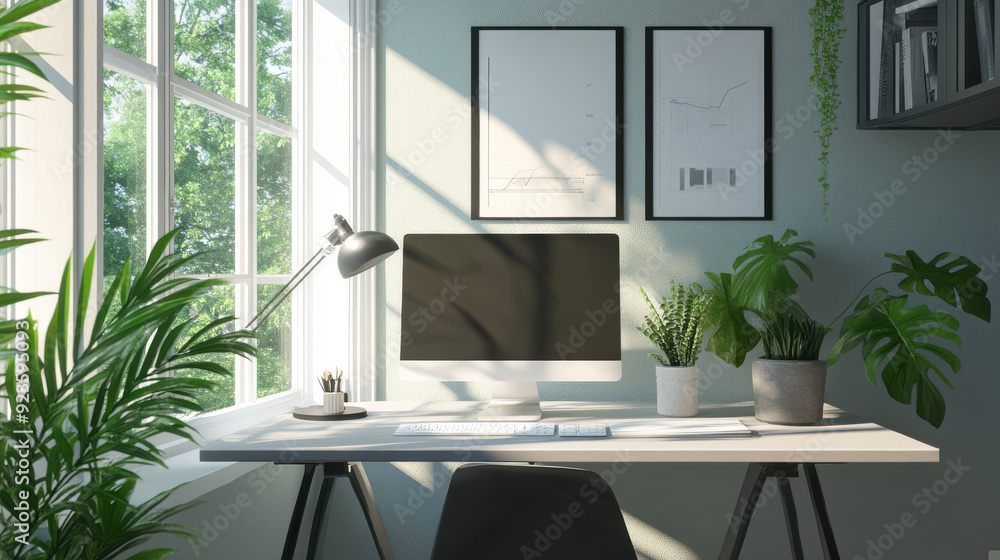 Poster a clutter-free workspace with a sleek desk and minimalist decor, emphasizing simplicity and producti
