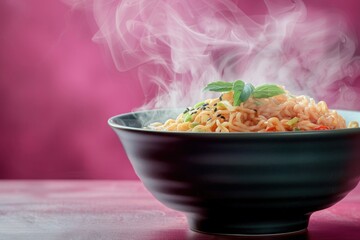 a steaming bowl of ramen, magenta background