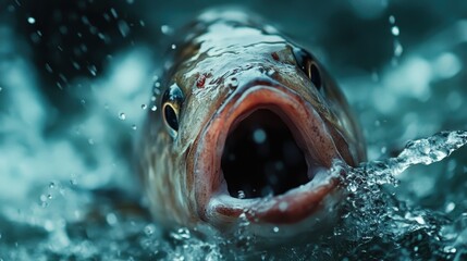 A dynamic shot of a fish with its mouth open, captured mid-splash, intensifying the moment as water droplets fly towards the camera lens in a vivid aquatic scene.
