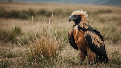 Fototapeta premium Majestic Bearded Vulture standing in a Grass Field.