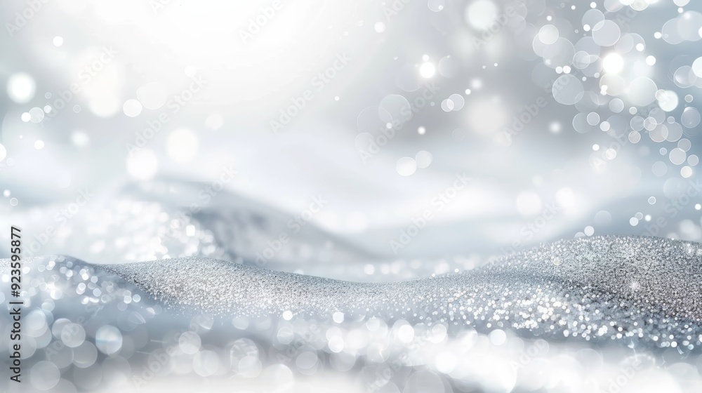 Poster abstract shimmering silver and white bokeh background with soft focus, creating a dreamy and festive
