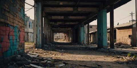 A foreboding urban alleyway lined with dilapidated buildings and an overwhelming sense of isolation.