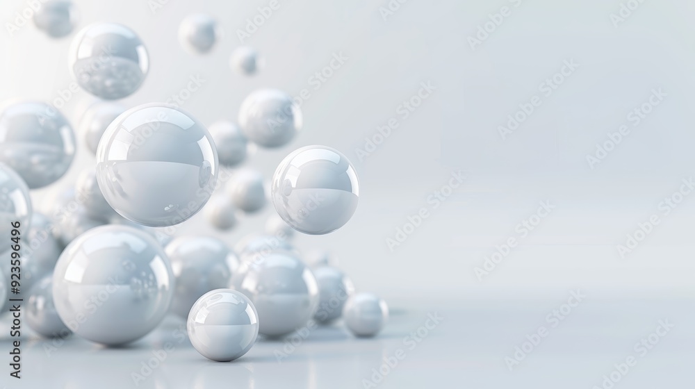 Poster abstract 3d white spheres floating gracefully on a soft gradient background, creating a minimalist a