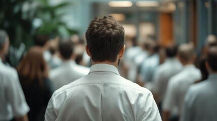 A man in a white shirt is seen from behind as he stands amidst a crowd of people in a busy hallway, symbolizing corporate life and social dynamics in workspaces.